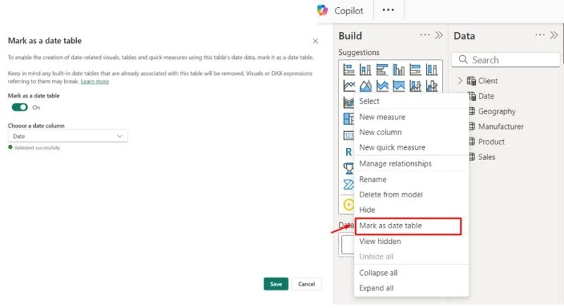 Mark as date table dialog and context menu option in Power BI Desktop