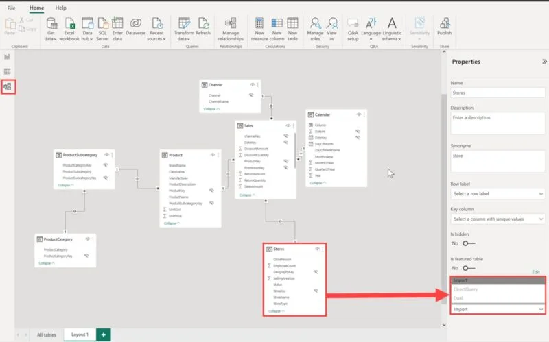 Model view in Power BI Desktop showing the storage mode property of a table set to Import