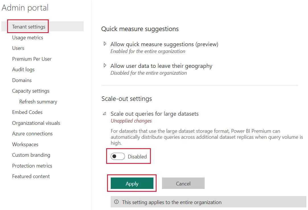 Portal de administración de Power BI, Tenant settings, sección Scale-out settings con la opción Scale out queries for large datasets y su botón Apply