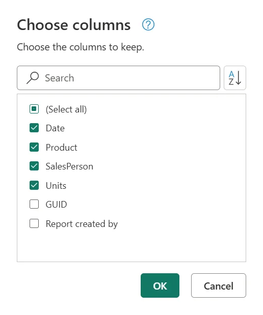 Diálogo de selección de columnas en Power Query