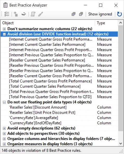 Best Practice Analyzer results in Tabular Editor listing rule violations by category