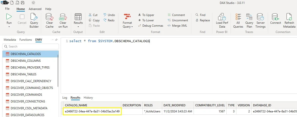 DMV query in DAX Studio returning the database GUID from DBSCHEMA_CATALOGS