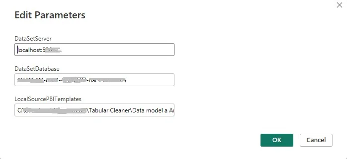 Edit Parameters dialog with the dataset server, database, and templates path