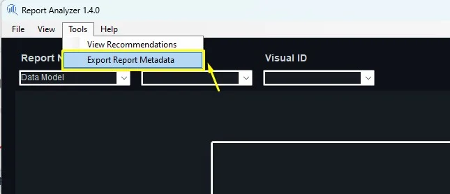 Export Report Metadata option in the Report Analyzer Tools menu