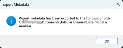 Confirmation message showing the folder where report metadata was exported