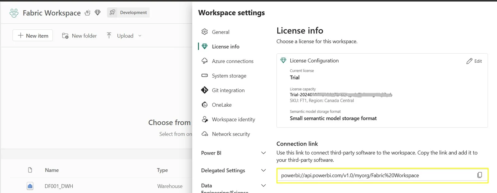 Fabric workspace settings showing the connection link used by third-party tools