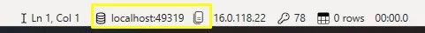 DAX Studio status bar showing the local server name and port