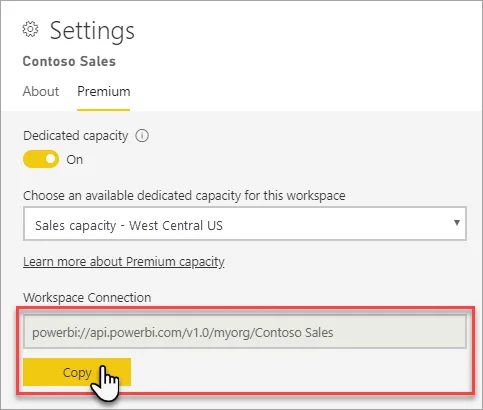 Premium workspace settings with the XMLA workspace connection URL and Copy button